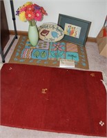 Decorative Lot Including 2 Rugs, a Vase of Flowers