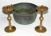 Antique Small Brass Jam Pan & Candle Holders