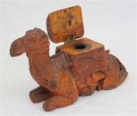 Antique Treen Hand Carved Olive Wood Camel Inkwell