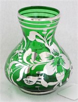 Venetian Emerald Green Silver Overlay Glass Vase