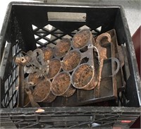 Plastic Crate of Old Cast Iron Molds and Misc