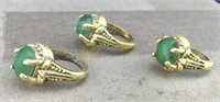 3 Identical Gold Tone Green Stone Rings