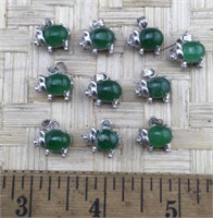 10 Tiny Silver Tone Pig and Green Stone Pendants