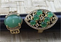 Pair of Gold Tone Rings With Green Stones