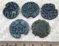 5 Large Round Carved Green Stone Pendants