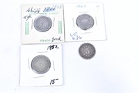 4 Shield Nickels 1868, 1879, 1882 & ?