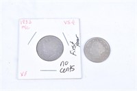 2 "V" Nickels 1883 without "cents"