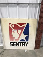 Sentry tin sign, wood frame on back