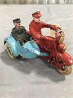 Cast iron Harley motorcycle w/ side car and rider