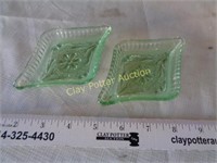 2 Vintage Green Glass Diamond Trays