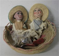 2 Mexican Paper Mache Farmer Puppets & Basket
