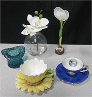 Porcelain & Glass Teacups & Saucers & Flower Vases