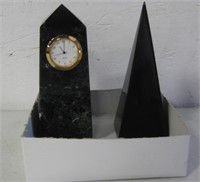Black Marble Pyramid & Obelisk Table Clock, 6"H