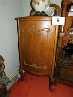 Oak music cabinet, 6 shelves, 45"H, curved legs &