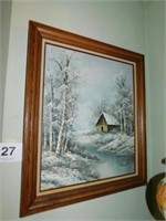 Basset framed oil painting of winter old
