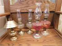 Five small kerosene lamps, tallest 11.5"H