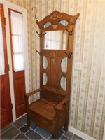 Oak hall tree with mirror & storage in seat, with