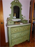 Walnut marble top dresser, antiqued green, full