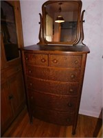 Oak highboy dresser with wishbone mirror, 2 over 4