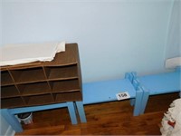Three blue storage shelves - cardboard shoe