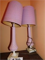 Pair of pink bedside lamps with shades & marble