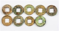 9 Assorted Chinese Wu Zhu Bronze Coins