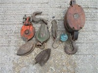 Vintage Wood Block, Metal Pulley, Scale, Irons