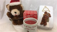 Mini stuffed Santa bear, bear figurine ornament,