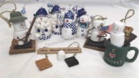 Set of 4 blue and white snowman ornaments and 4