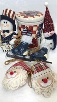 Americana fabric Santa and snowmen ornaments ,