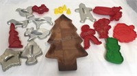 14 Christmas cookie cutters & Wood Tree Dish