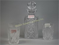 HEAVY CRYSTAL DECANTER + 3 OLD FASHIONED GLASSES