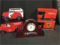 Arnotts clock & 4 biscuit tins