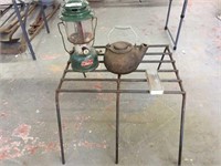 outdoor cooking stand, iron tea kettle, whet rock,