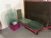 Large group of glass table tops & cart (34x23)