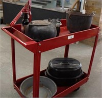 red roll around cart, cast iron, granite,