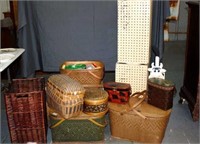 group of baskets, wooden picnic baskets, display