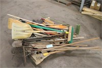 Assorted Yard Tools, Including Rakes, Forks, Pick