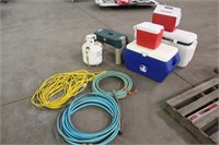 (4) Assorted Coolers, Stool, Garden Hoses,