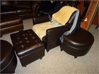 3 Leather Arm Chairs w/Footrests & Ottoman