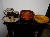 Pair Wood Bowls, 4 Pieces of Pottery
