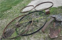 Vintage wagon wheels & rims, tractor seat, more