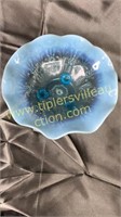 Blue opalescent footed bowl 9in
