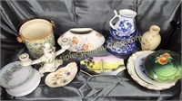 Group of handpainted dishes, vases, cracker jar,