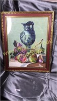 Framed needlepoint urn and fruit 16x19in