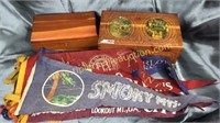 2 wood boxes with vintage felt souvenir pennants