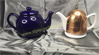 2 tea pots blue & copper covered