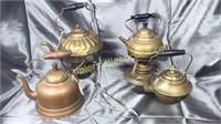 Collection of 4 brass & copper tea pots