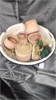 Dishpan with pottery & spools