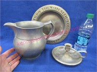 pewter water pitcher -pewter plate -pewter candle